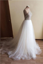 Halter Illusion neck High split A line Tulle Princess Wedding Dresses